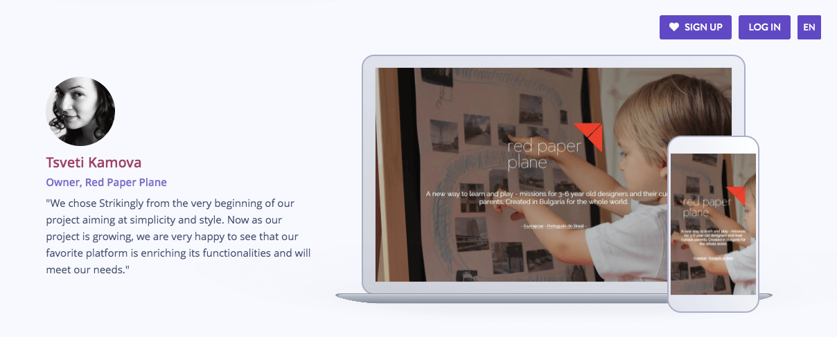 Screenshot of Strikingly landing page showing a customer testimonial Screenshot of Strikingly landing page showing a customer testimonial
